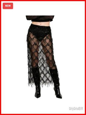 Womens Sequin Fringe Midi Skirt Sheer Mesh Tassel Party Skirt